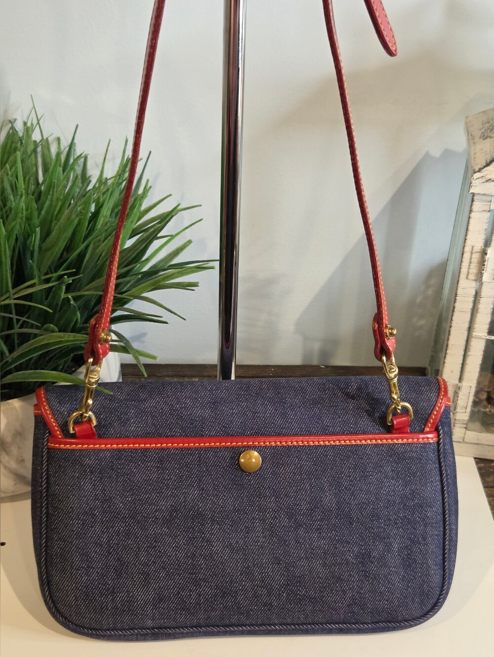 Dooney & Bourke Denim & Red Leather Crossbody Flap Bag - Vintage Made in USA - Picture 5 of 14